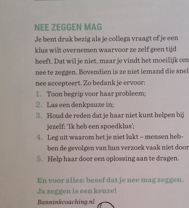 Ingrid is als coach, teamcoach en trainer geciteerd in het maandblad Wendy over grenzen stellen en nee zeggen. Tips nee zeggen.
