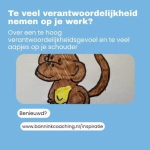 Te veel verantwoordelijkheid nemen. te hoog verantwoordelijkheidsgevoel, teveel aapjes op je schouder, persoonlijke ontwikkeling